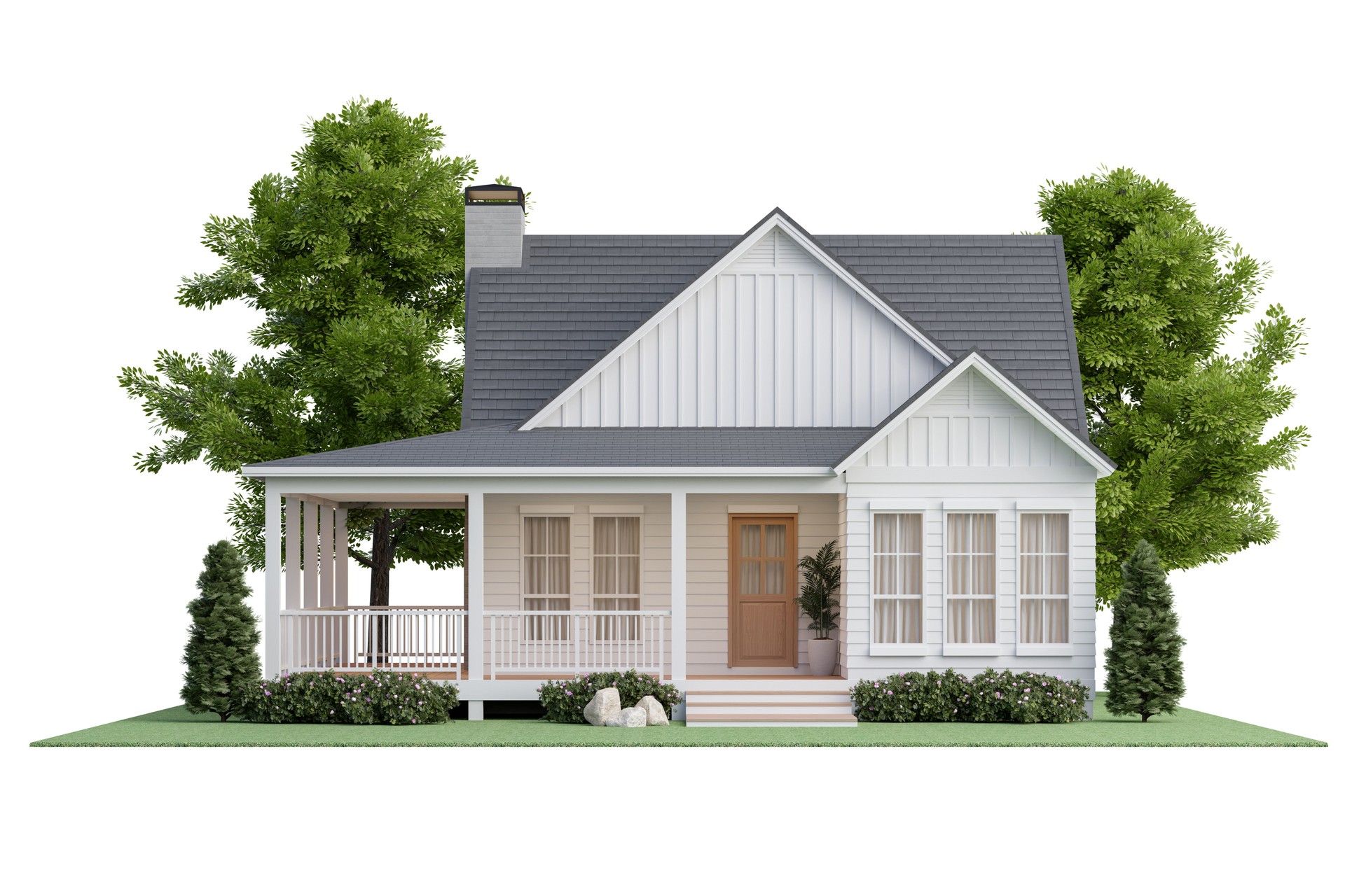 Vue de face de la petite maison de chalet de style moderne sur la pelouse verte isolée sur fond blanc rendu 3D