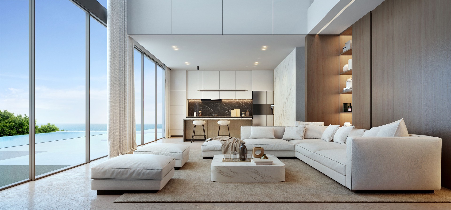 Salon maison de luxe de style moderne. Canapé blanc avec piscine et rendu view.3d mer
